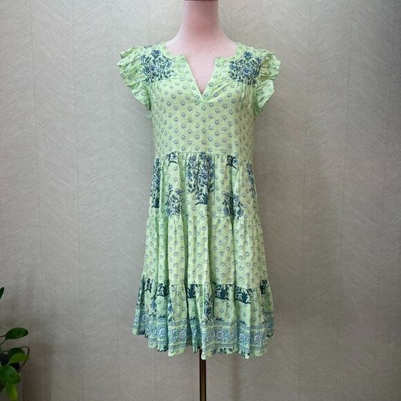 Roller Rabbit Ruffle Sleeve Green Floral Tiered Yarrow Pippa Dress Womens XS - Picture 1 of 11